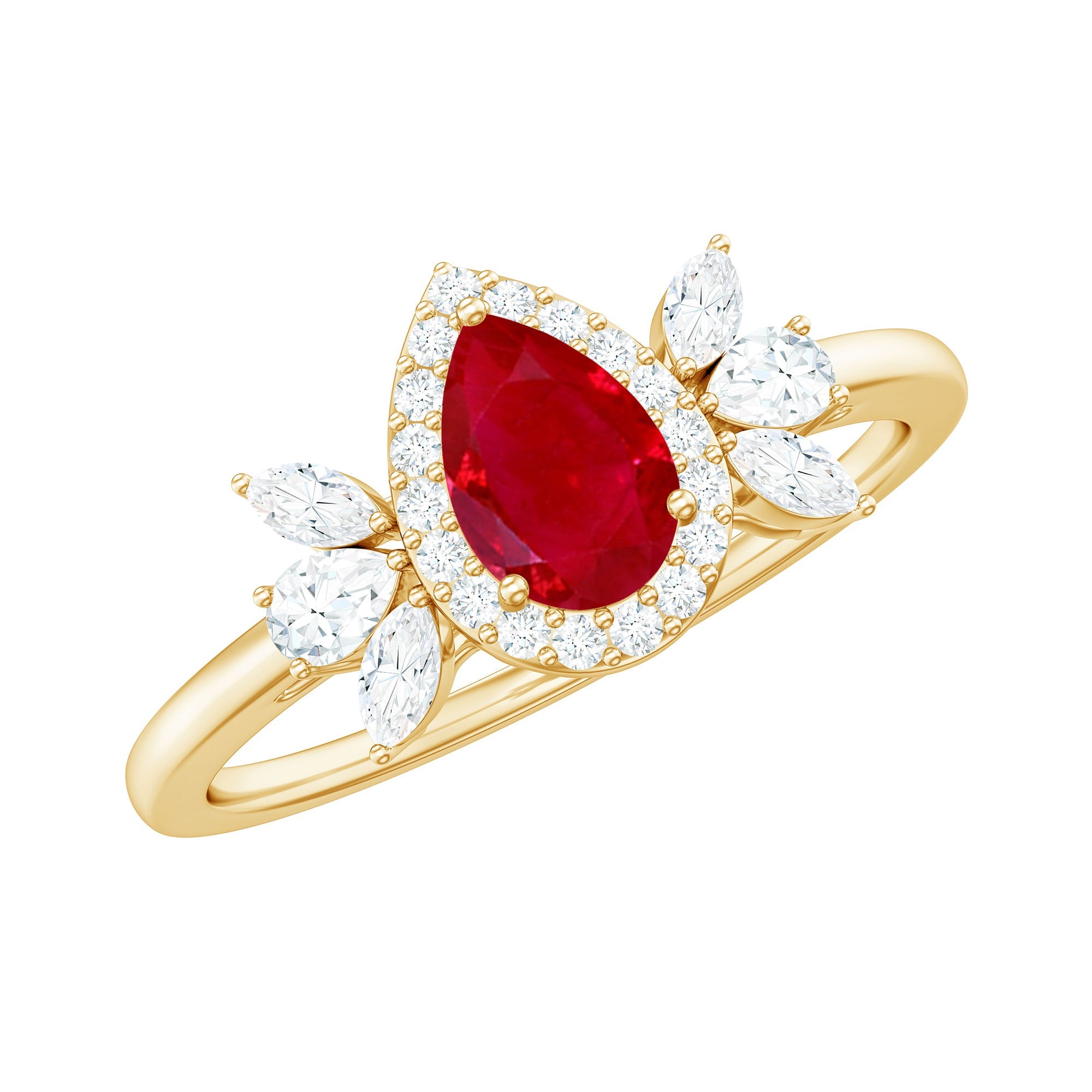 Natural 0.8 Carat Ruby Pear Shaped Engagement Ring with Diamond Halo