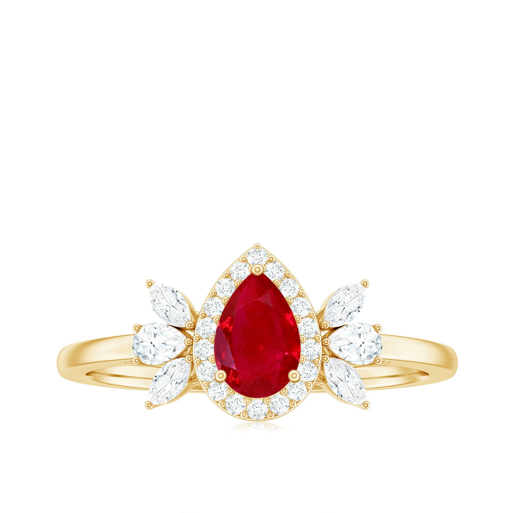 Natural 0.8 Carat Ruby Pear Shaped Engagement Ring with Diamond Halo