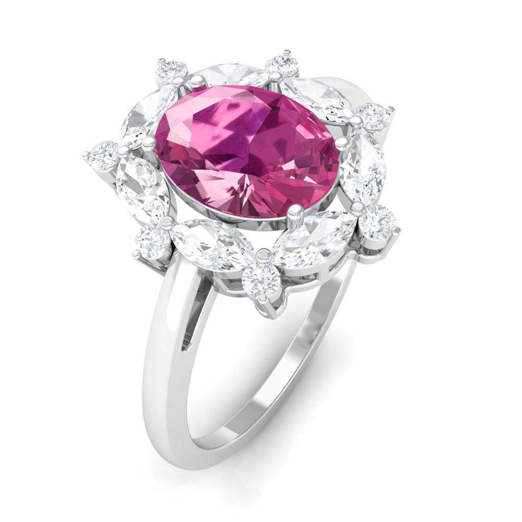 Oval Pink Tourmaline Designer Engagement Ring with Moissanite Halo