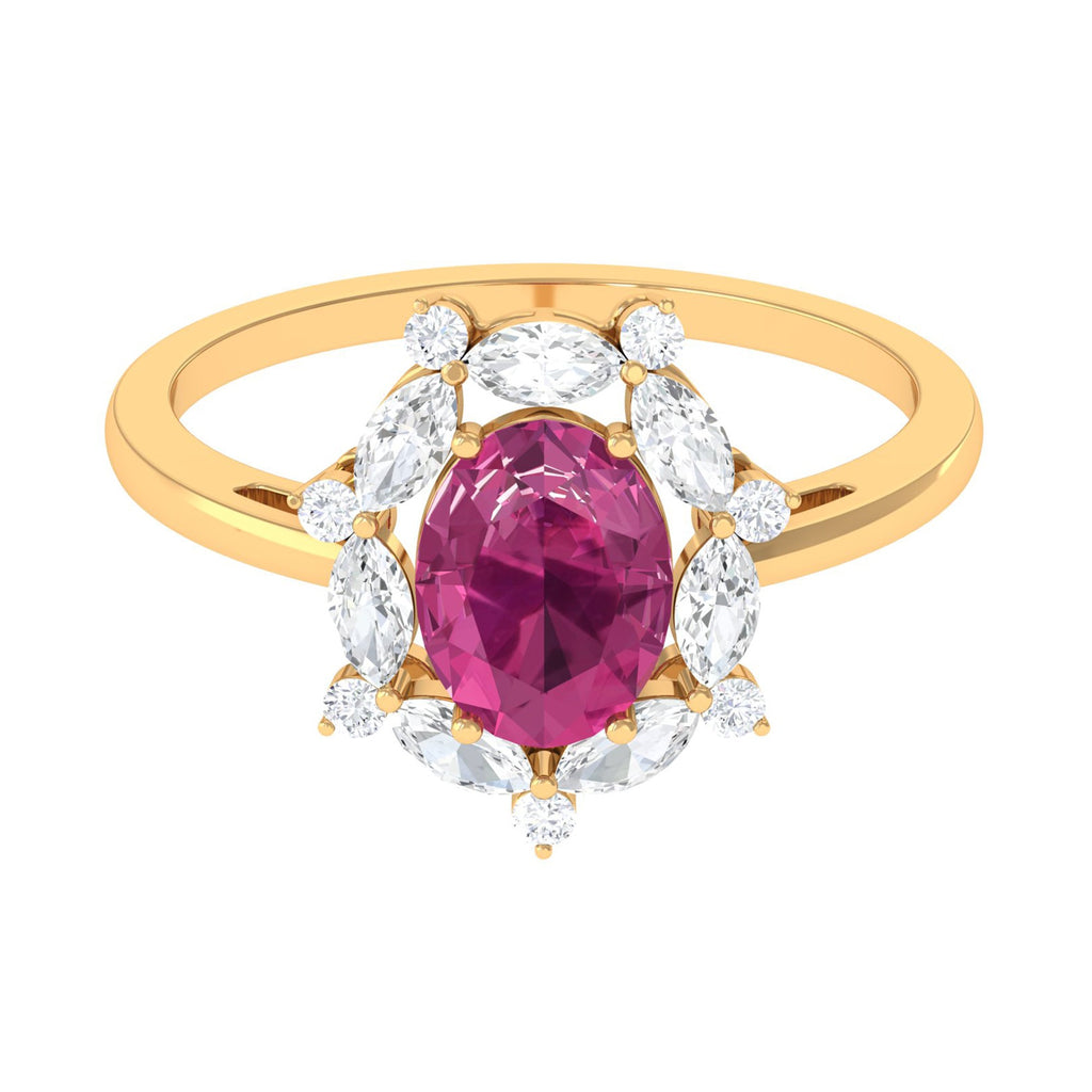 Oval Pink Tourmaline Designer Engagement Ring with Moissanite Halo