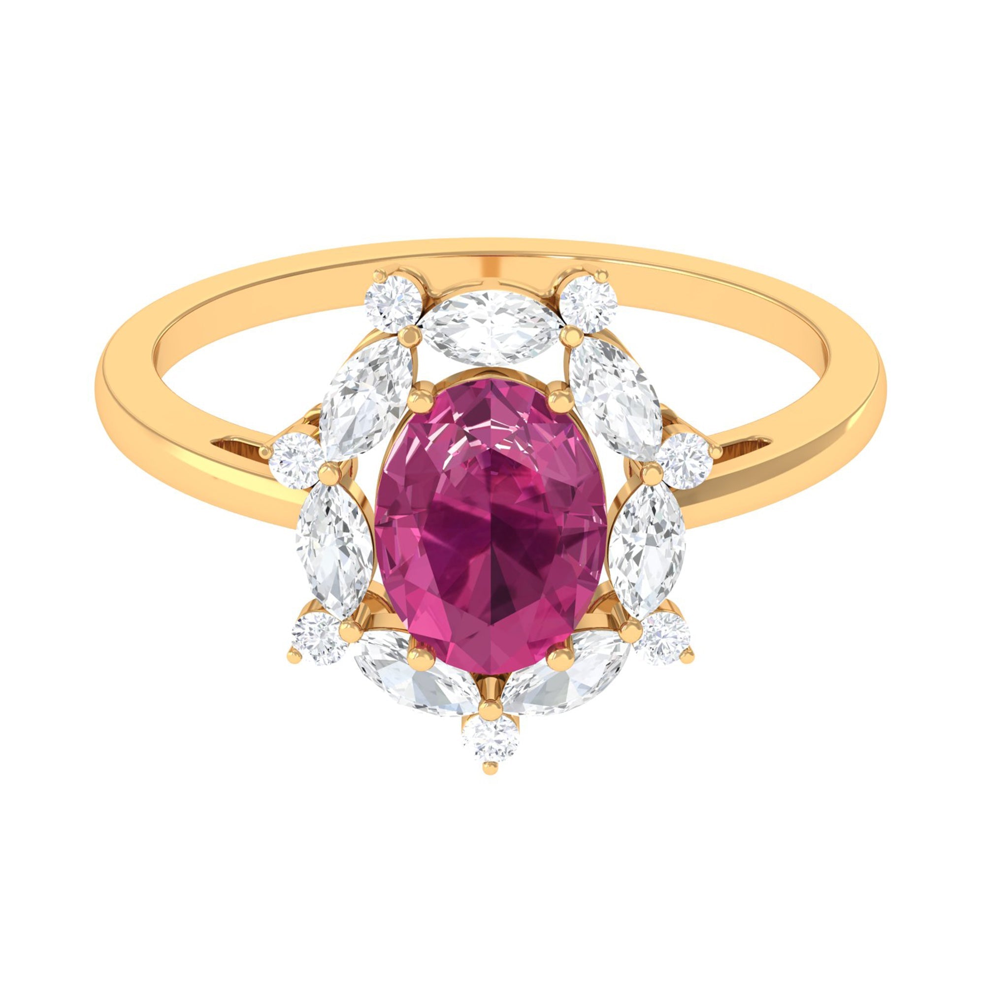 Oval Pink Tourmaline Designer Engagement Ring with Moissanite Halo