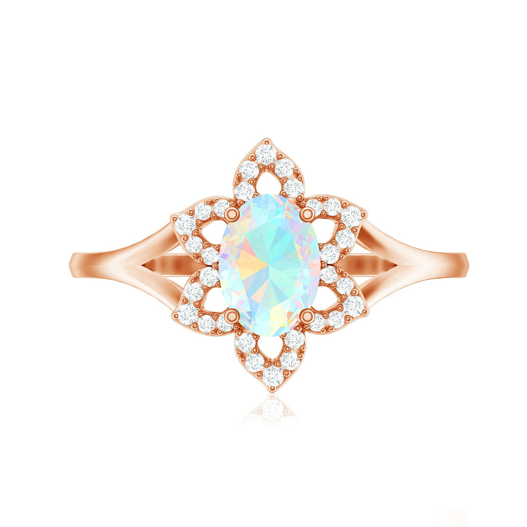 Real Oval Ethiopian Opal Diamond Flower Engagement Ring with Split Shank