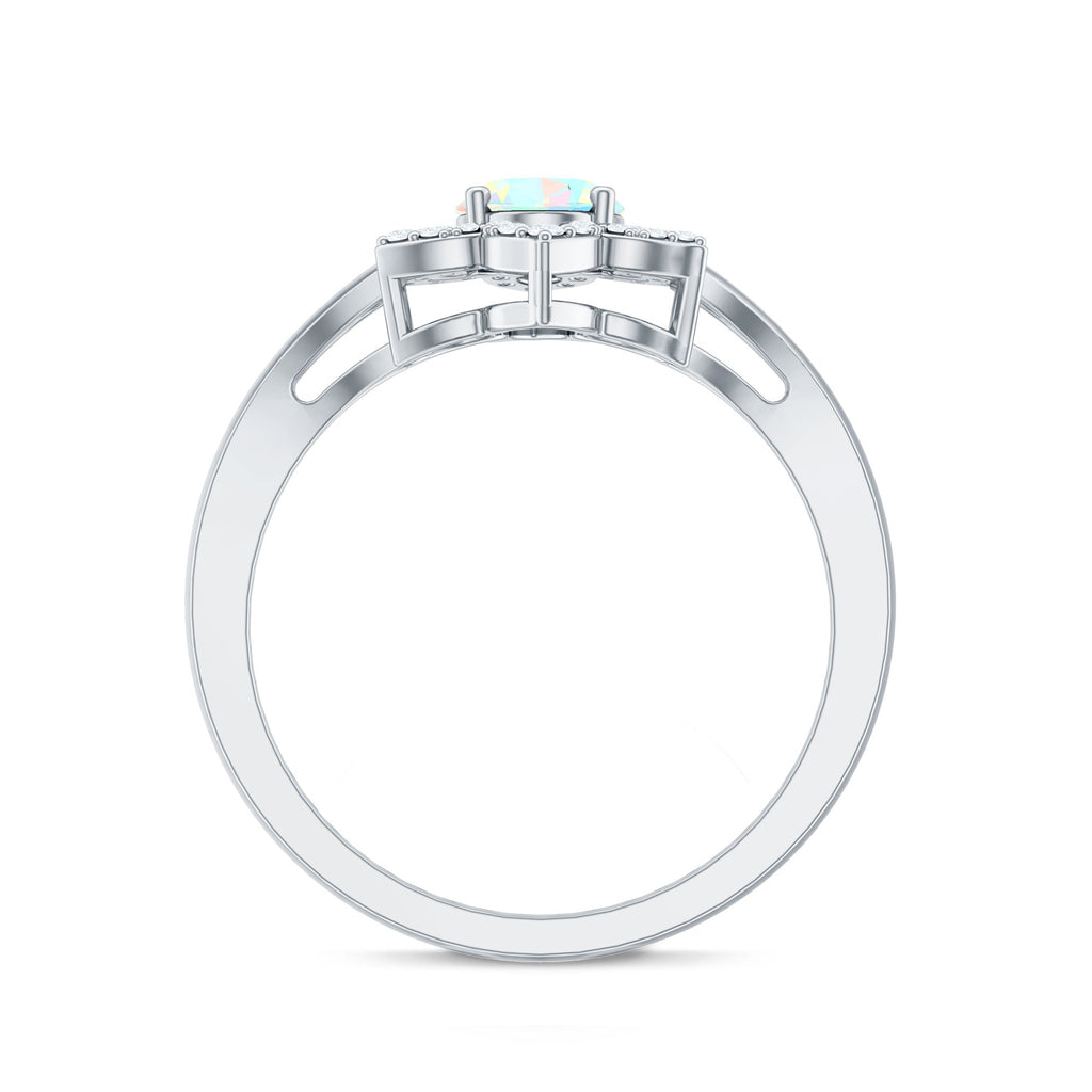 Real Oval Ethiopian Opal Diamond Flower Engagement Ring with Split Shank