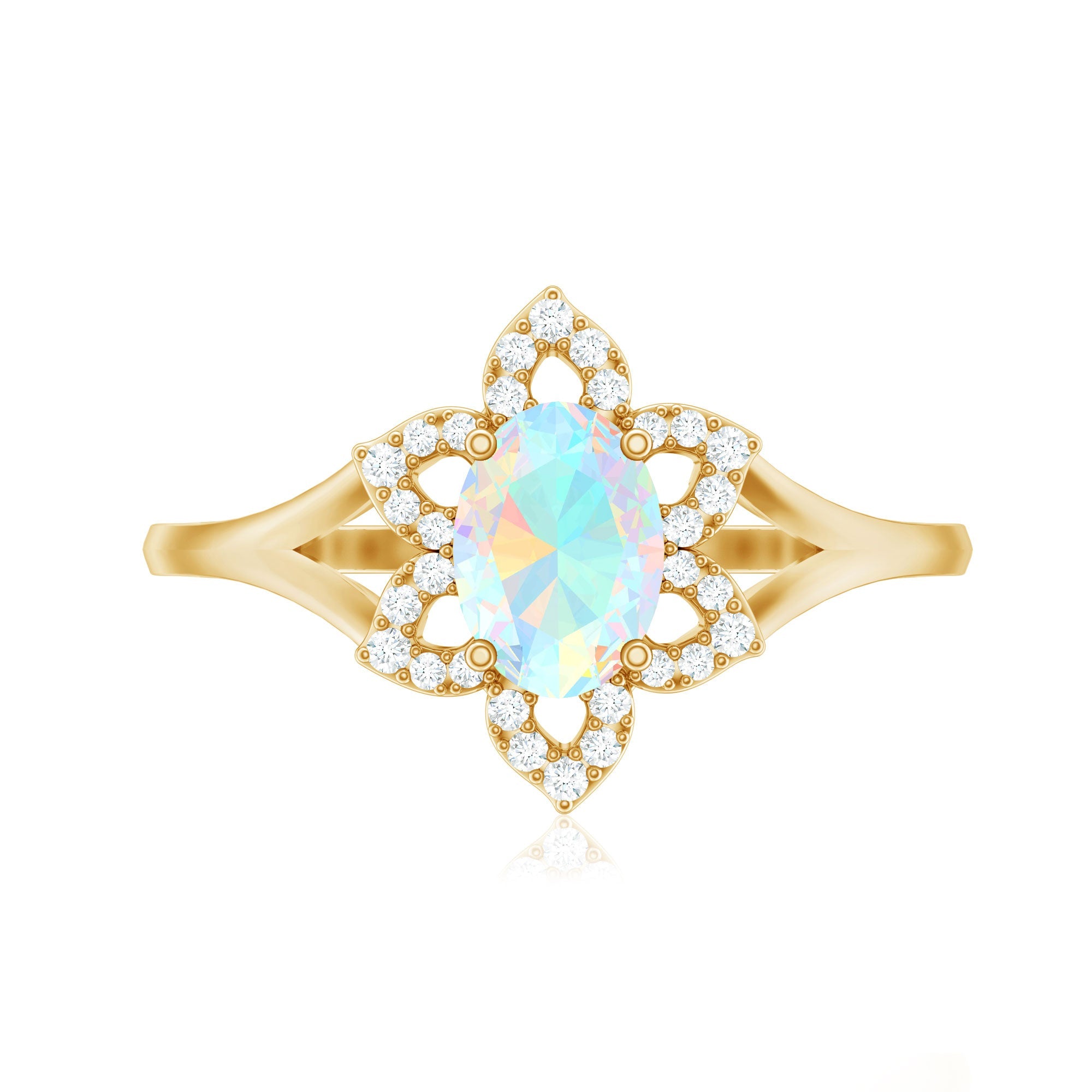 Real Oval Ethiopian Opal Diamond Flower Engagement Ring with Split Shank