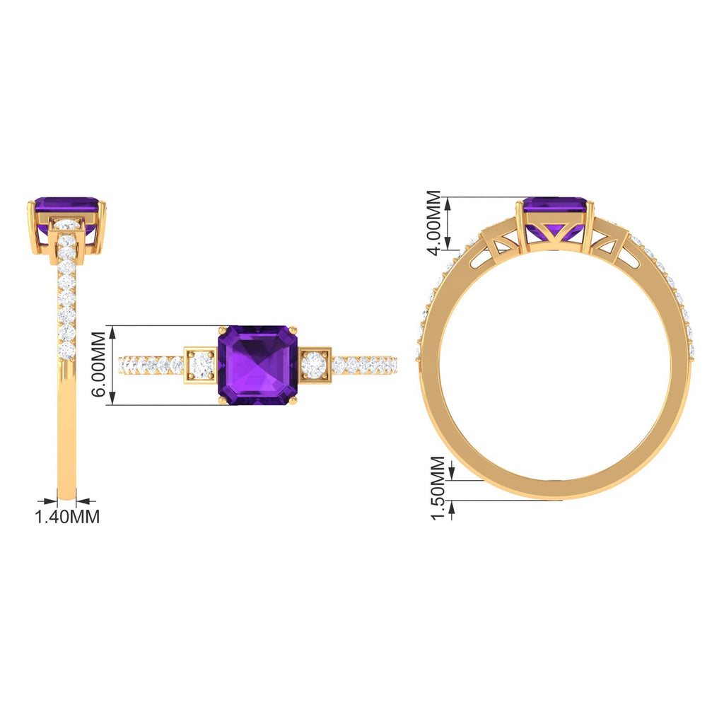 Genuine 3 Carat Amethyst Asscher Cut Engagement Ring with Diamond
