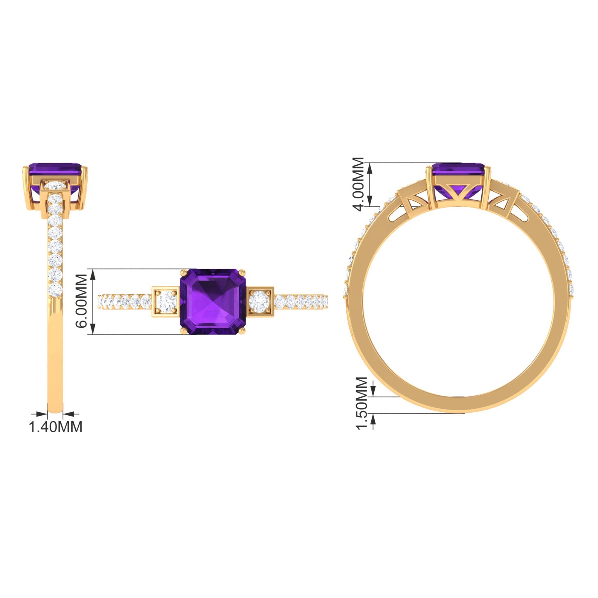 Genuine 3 Carat Amethyst Asscher Cut Engagement Ring with Diamond