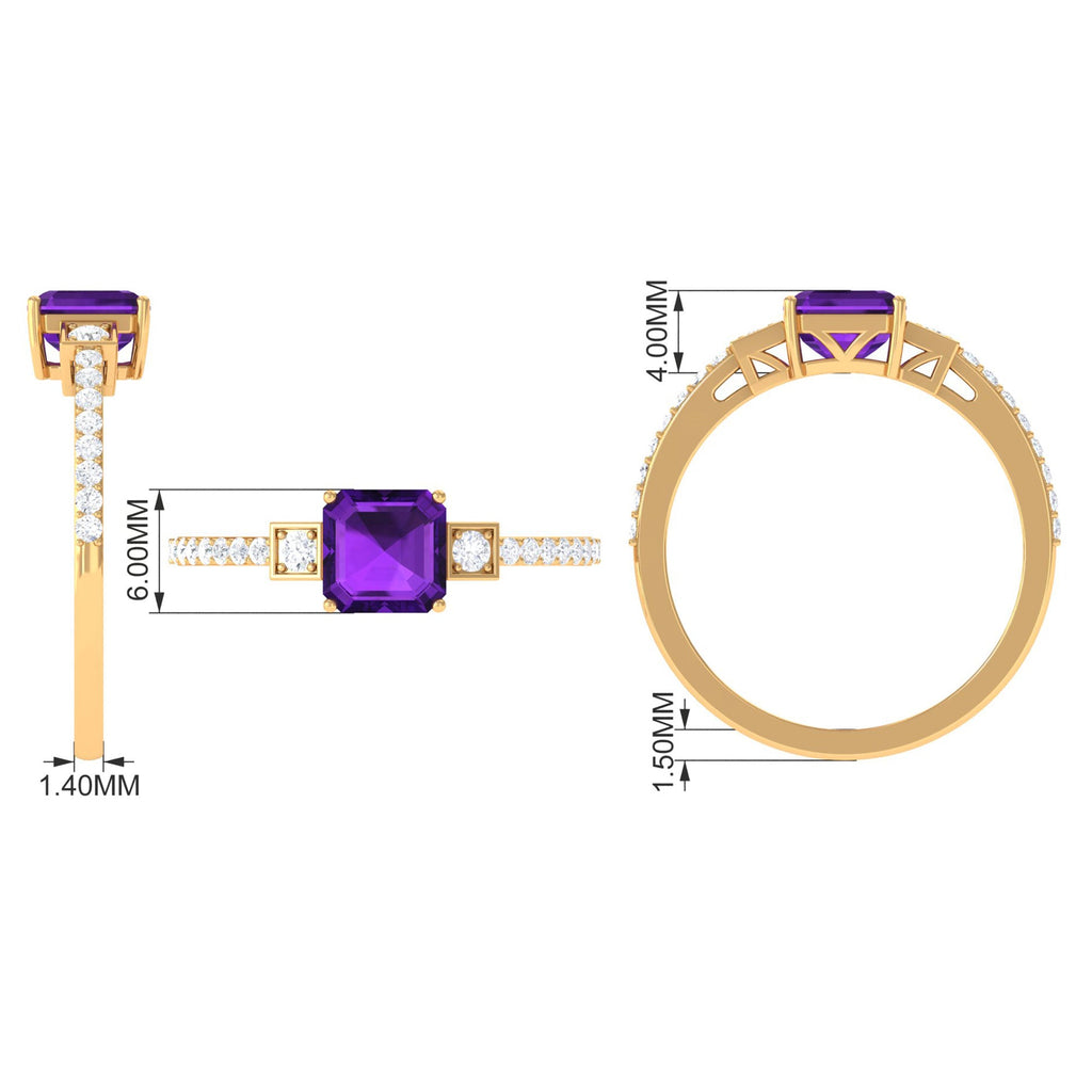 Genuine 3 Carat Amethyst Asscher Cut Engagement Ring with Diamond