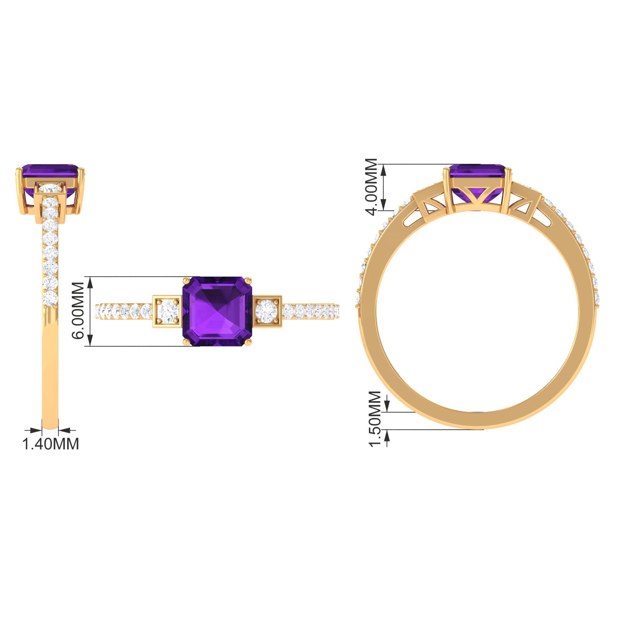 Genuine 3 Carat Amethyst Asscher Cut Engagement Ring with Diamond