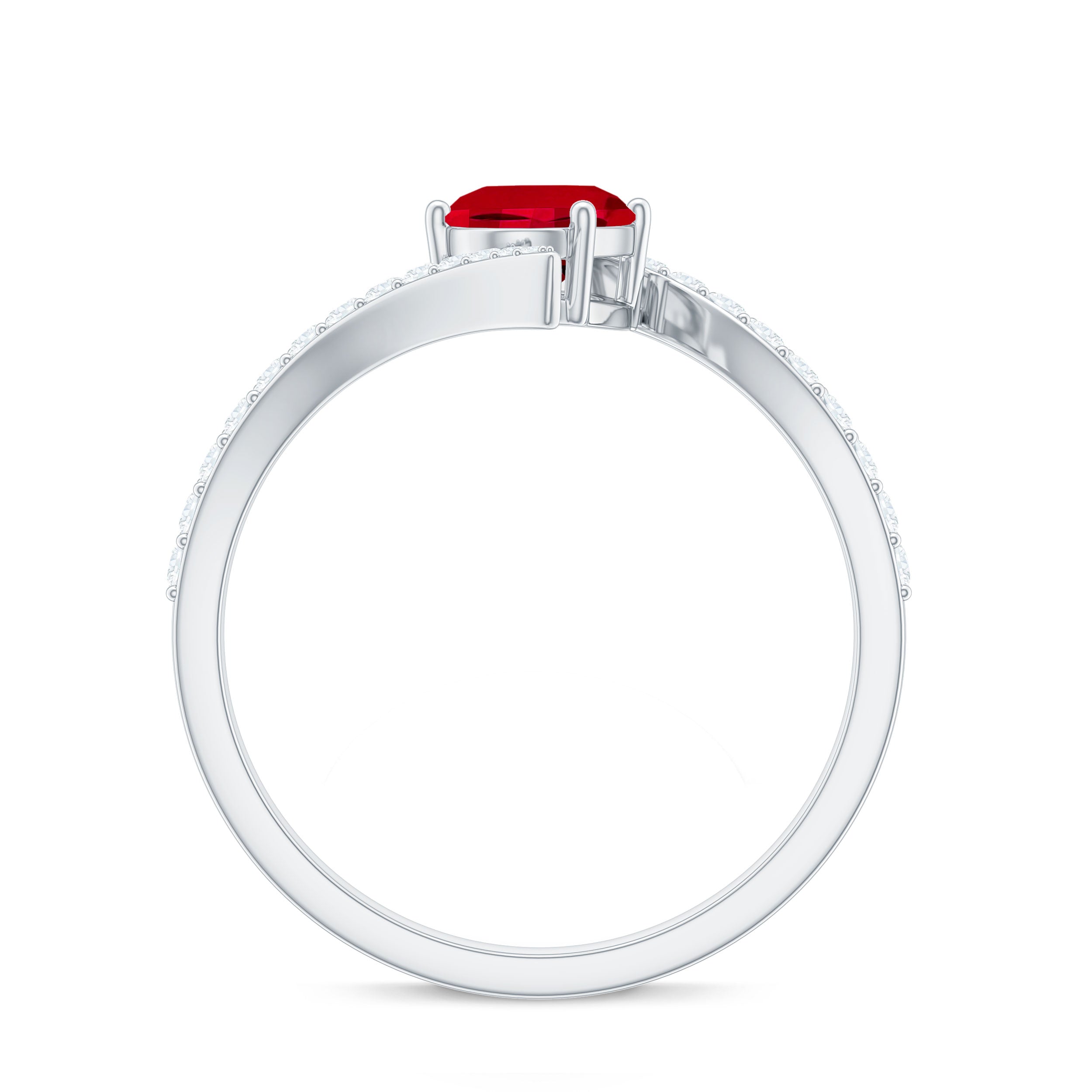 Oval Cut Lab Grown Ruby Bypass Engagement Ring with Diamonds