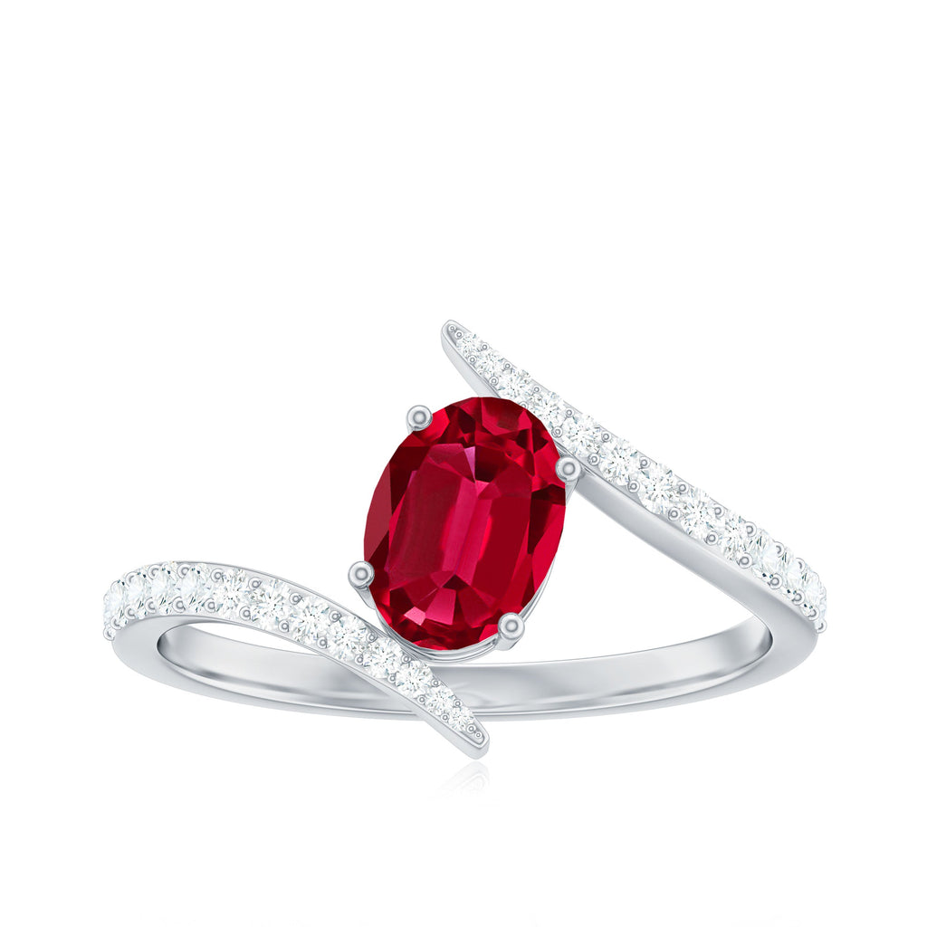 Oval Cut Lab Grown Ruby Bypass Engagement Ring with Diamonds