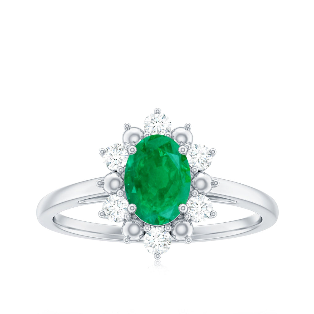 Natural 0.7 Carat Oval Emerald Engagement Ring with Diamond Halo