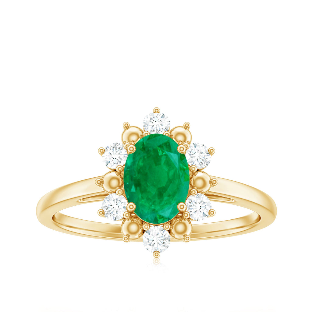 Natural 0.7 Carat Oval Emerald Engagement Ring with Diamond Halo