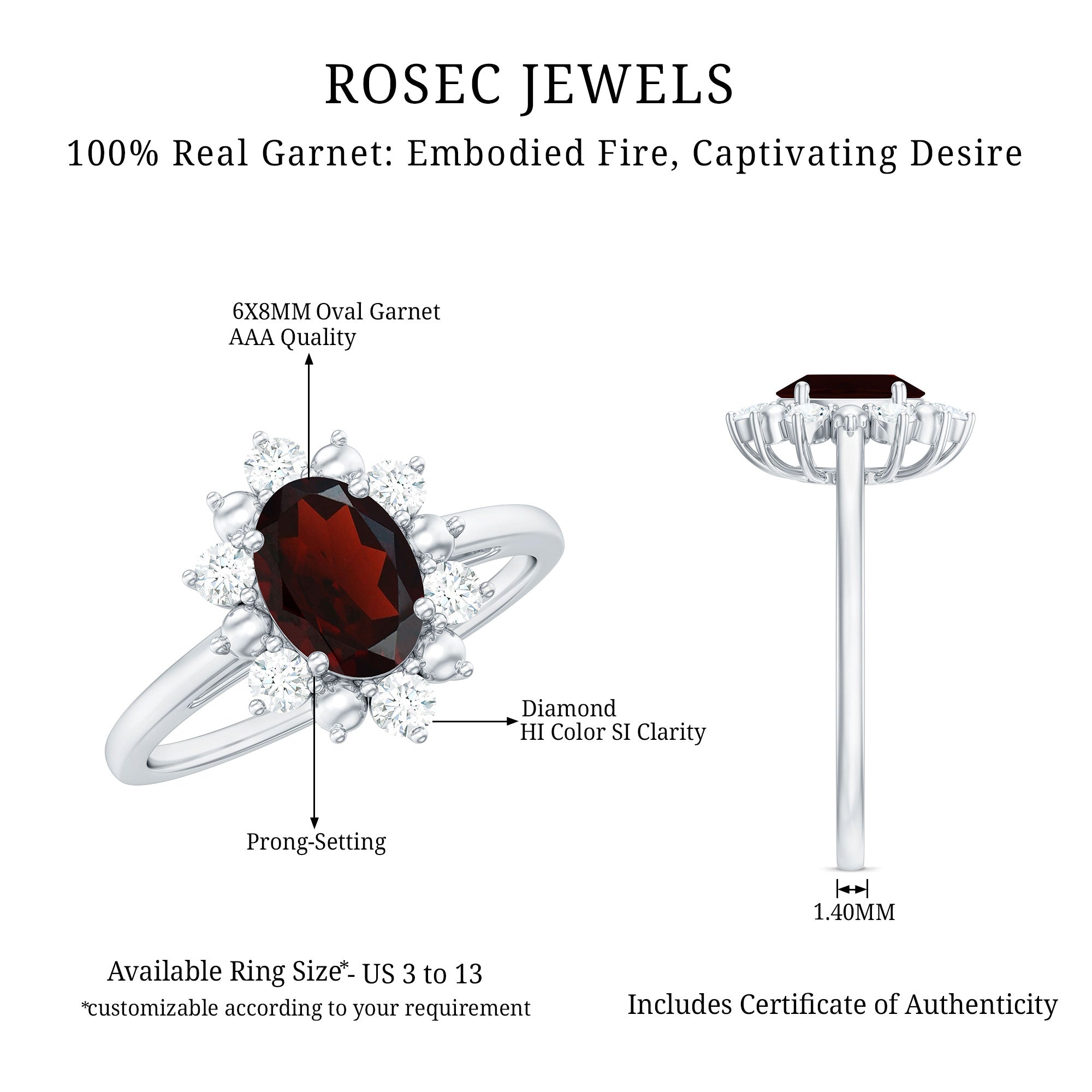 Certified Natural Garnet Oval Engagement Ring with Diamond