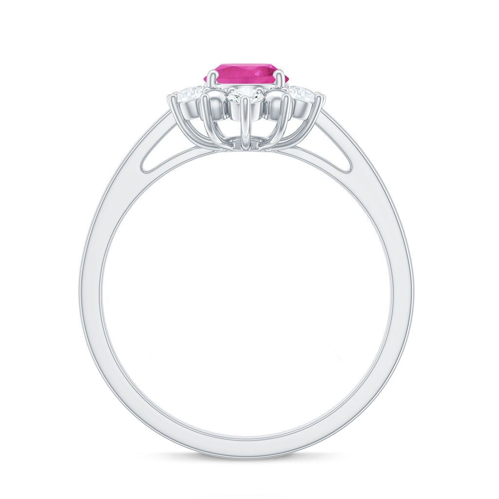 Oval Pink Tourmaline Floral Halo Engagement Ring with Diamond
