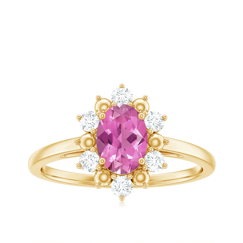 Oval Pink Tourmaline Floral Halo Engagement Ring with Diamond
