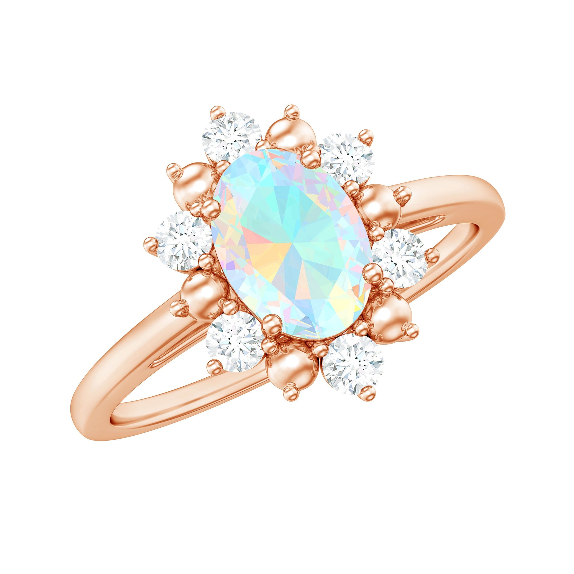 Natural 0.9 Carat Opalescent Oval Engagement Ring with Diamond Halo