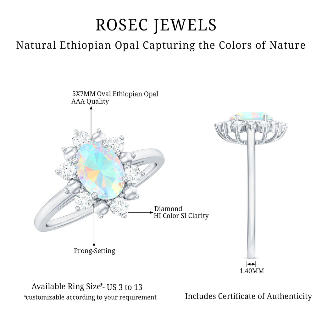 Natural 0.9 Carat Opalescent Oval Engagement Ring with Diamond Halo