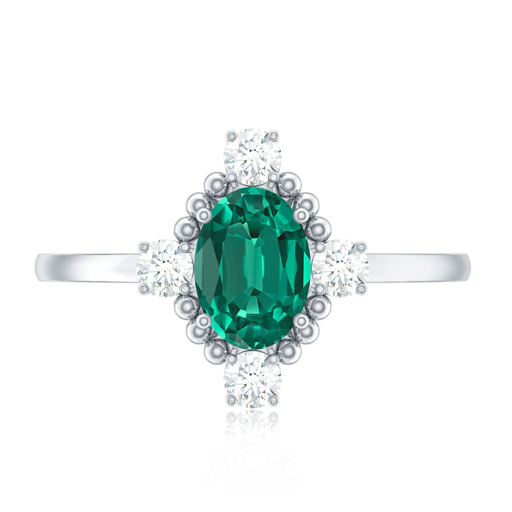 Vintage Inspired Lab Grown Emerald Oval Engagement Ring with Diamond