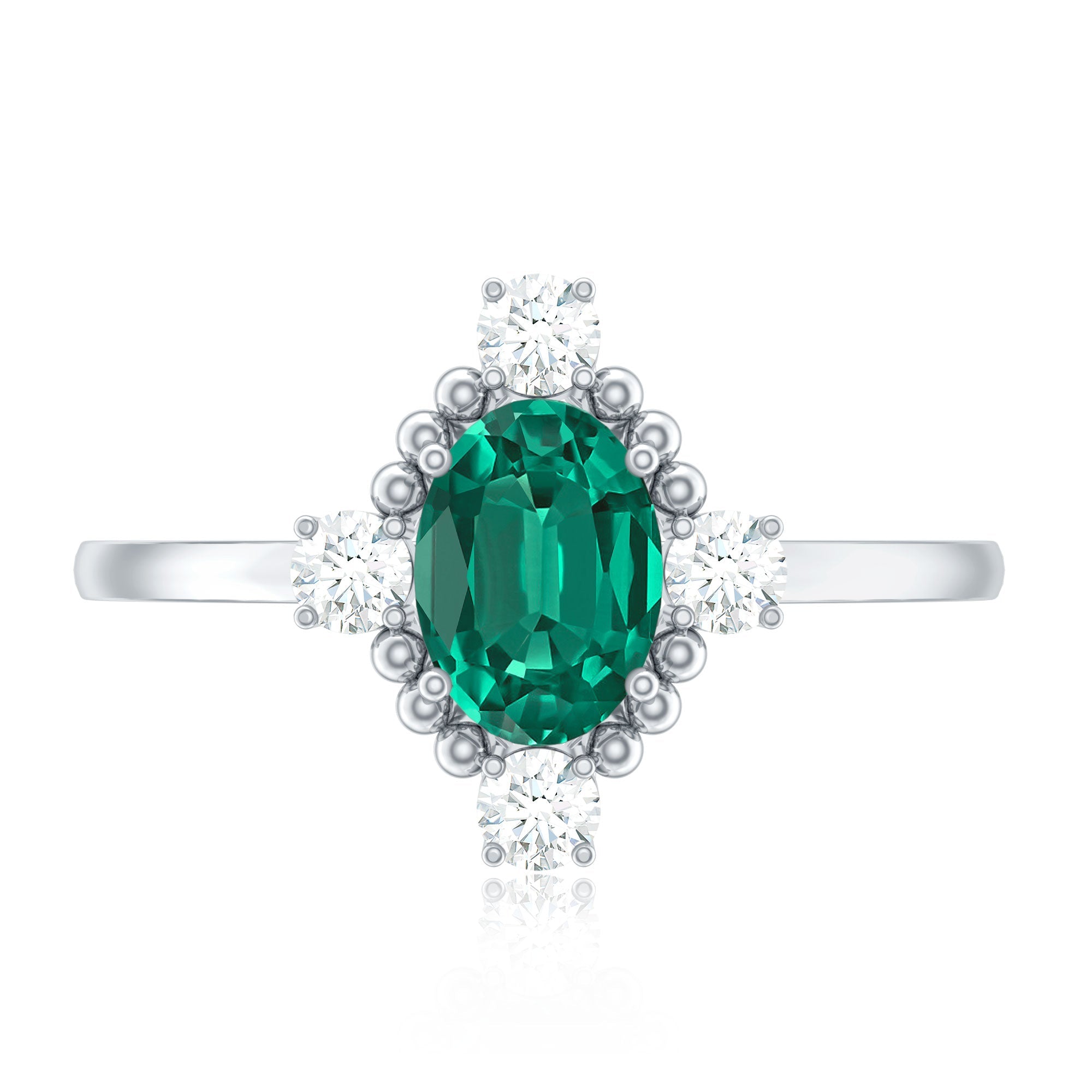 Vintage Inspired Lab Grown Emerald Oval Engagement Ring with Diamond