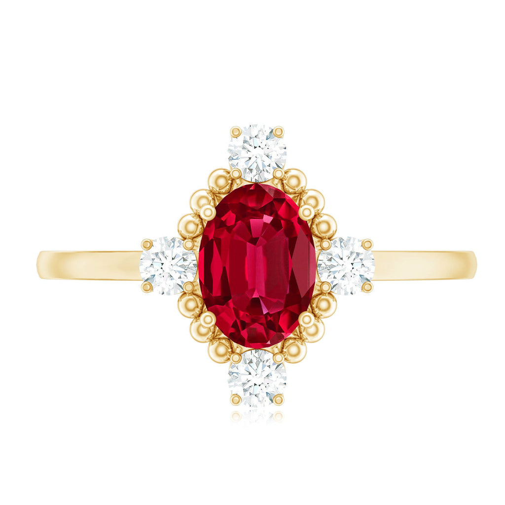 Vintage Inspired Lab Grown Ruby Oval Engagement Ring with Diamonds