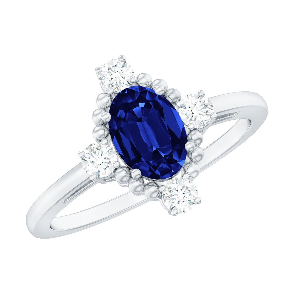 Vintage Style 1 Carat Lab Grown Blue Sapphire Oval Engagement Ring with Diamond