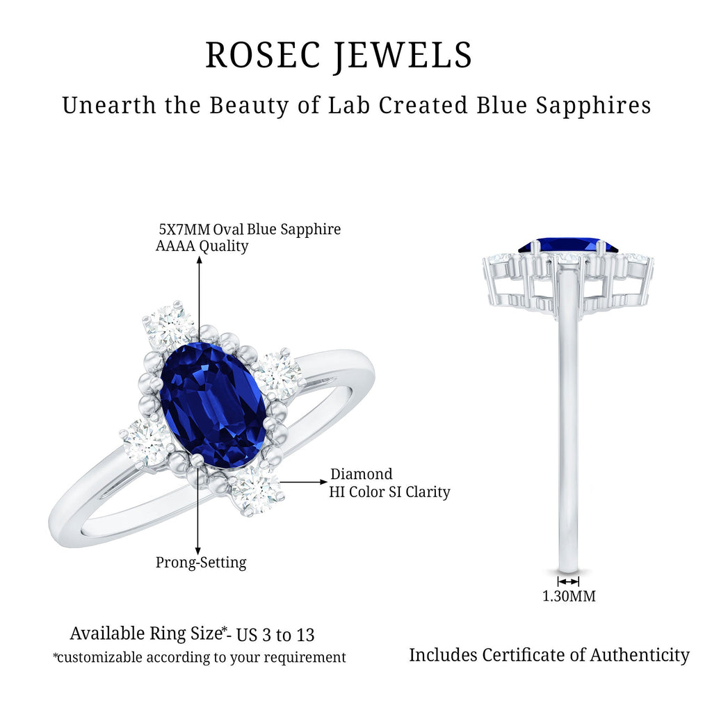 Vintage Style 1 Carat Lab Grown Blue Sapphire Oval Engagement Ring with Diamond