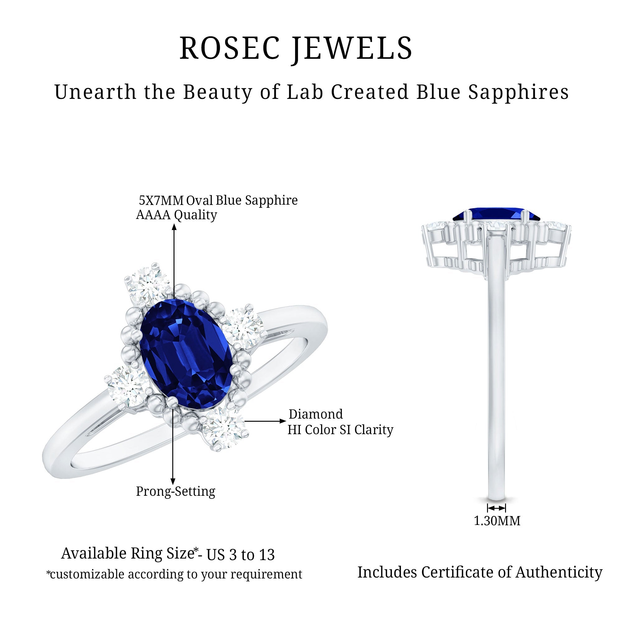Vintage Style 1 Carat Lab Grown Blue Sapphire Oval Engagement Ring with Diamond