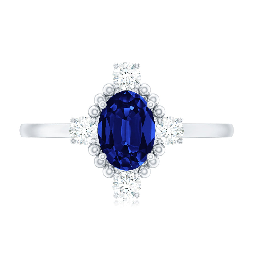 Vintage Style 1 Carat Lab Grown Blue Sapphire Oval Engagement Ring with Diamond