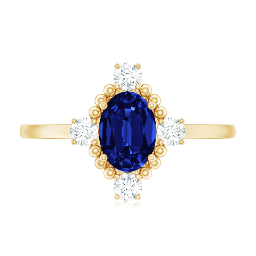 Vintage Style 1 Carat Lab Grown Blue Sapphire Oval Engagement Ring with Diamond
