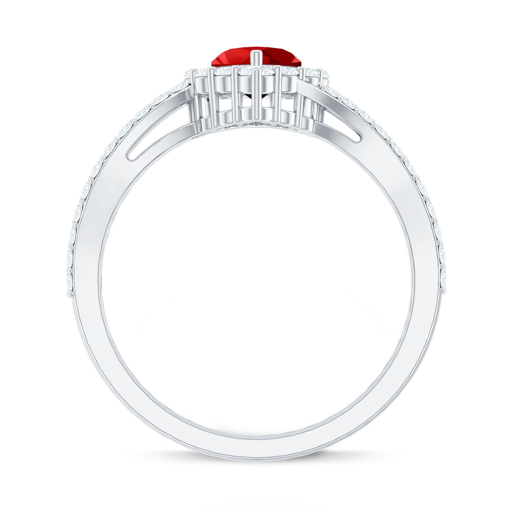 Heart Shape Lab Made Ruby and Moissanite Bypass Engagement Ring