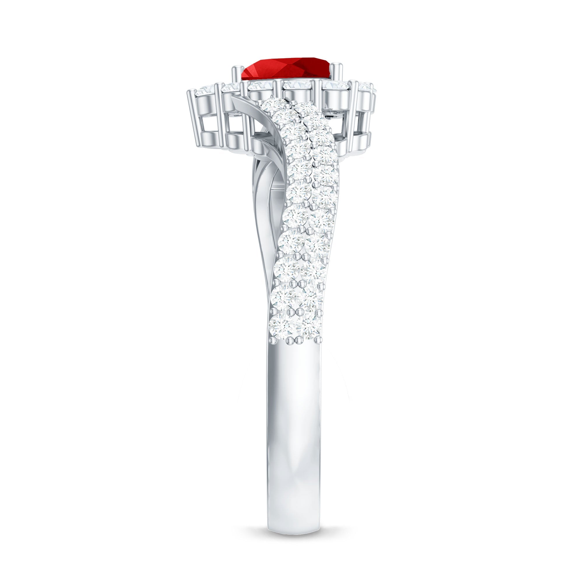 Heart Shape Lab Made Ruby and Moissanite Bypass Engagement Ring