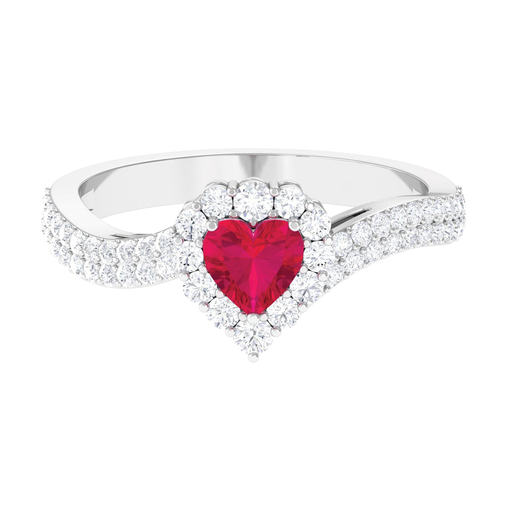 Natural 0.6 Carat Ruby Heart Engagement Ring with Diamond Bypass Shank