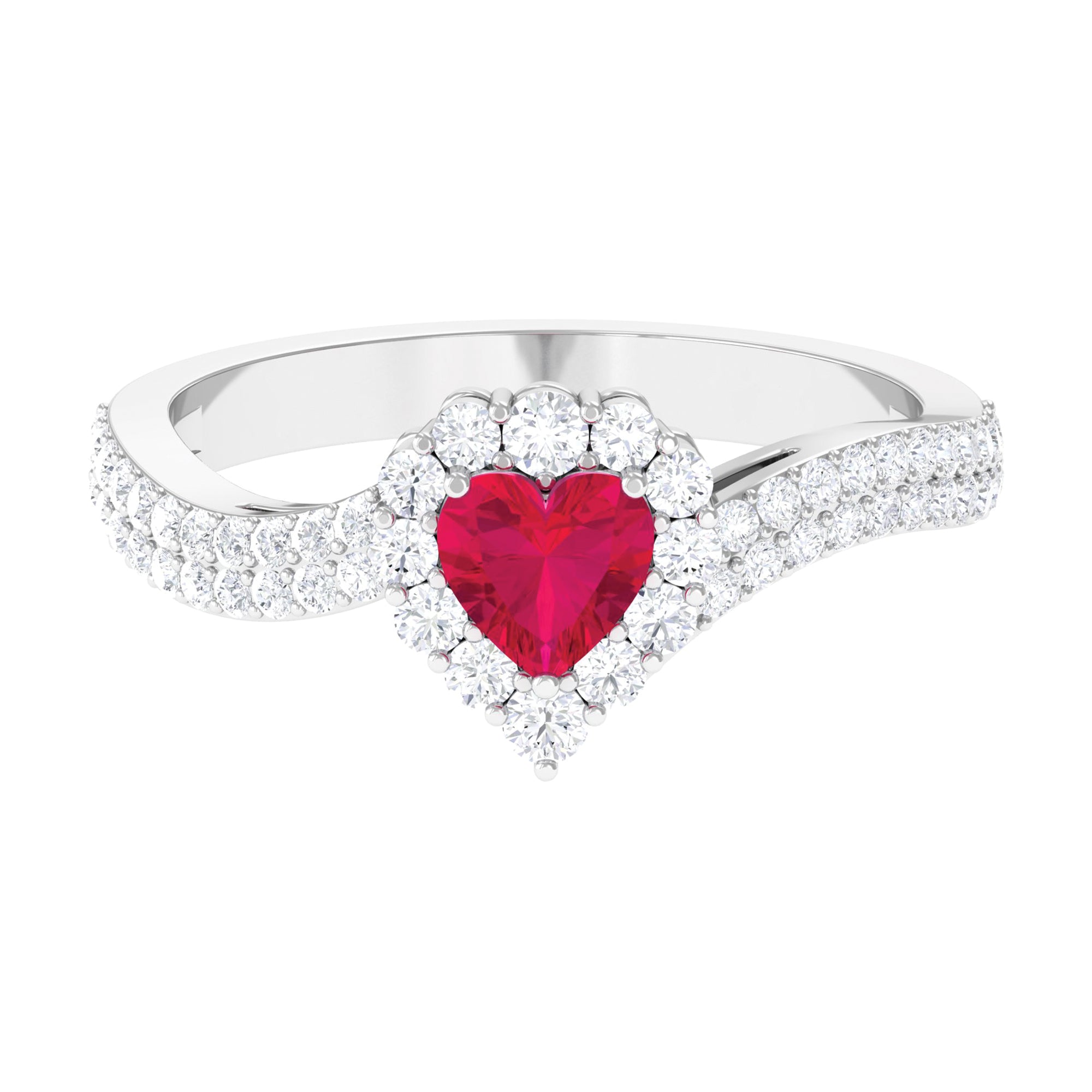 Natural 0.6 Carat Ruby Heart Engagement Ring with Diamond Bypass Shank