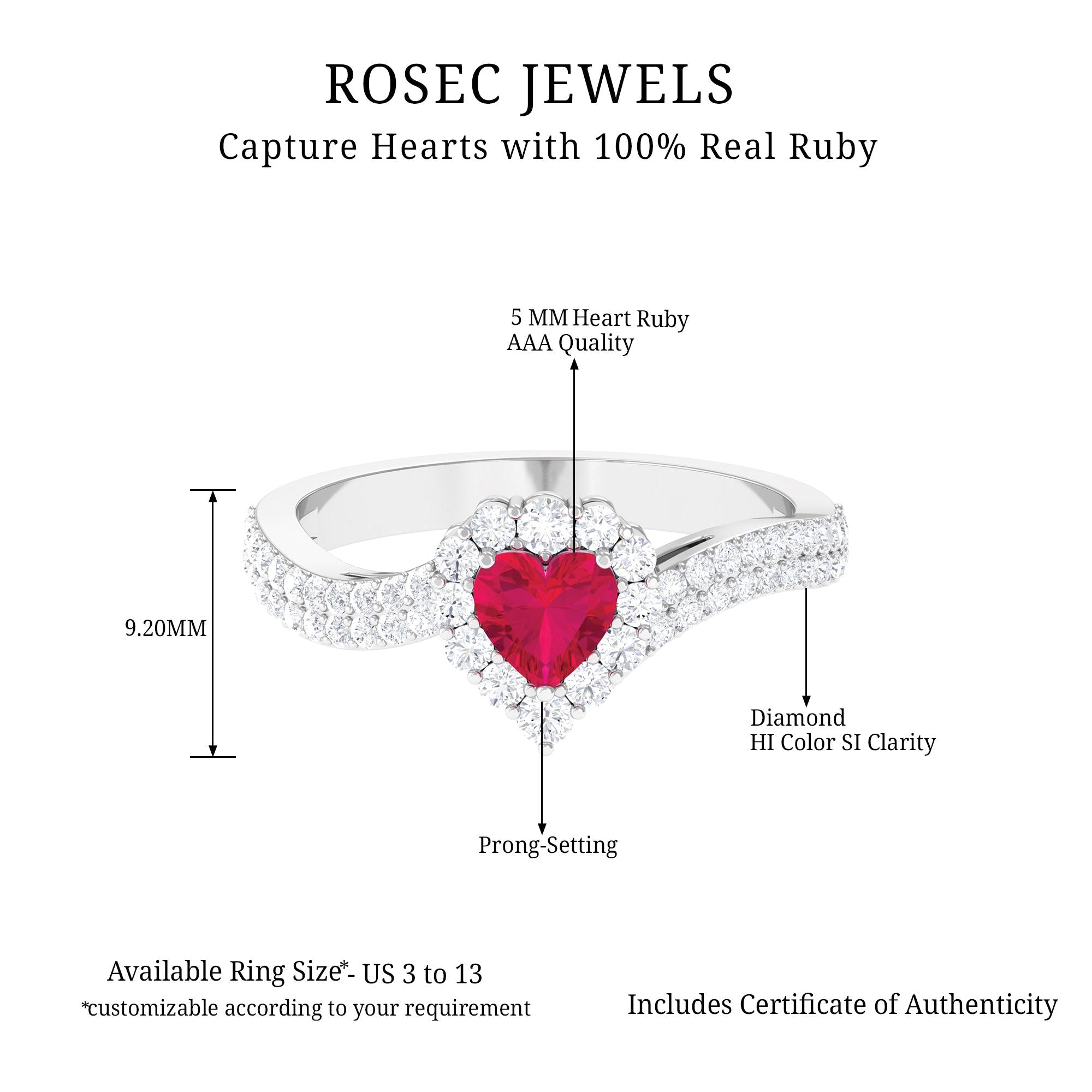 Natural 0.6 Carat Ruby Heart Engagement Ring with Diamond Bypass Shank
