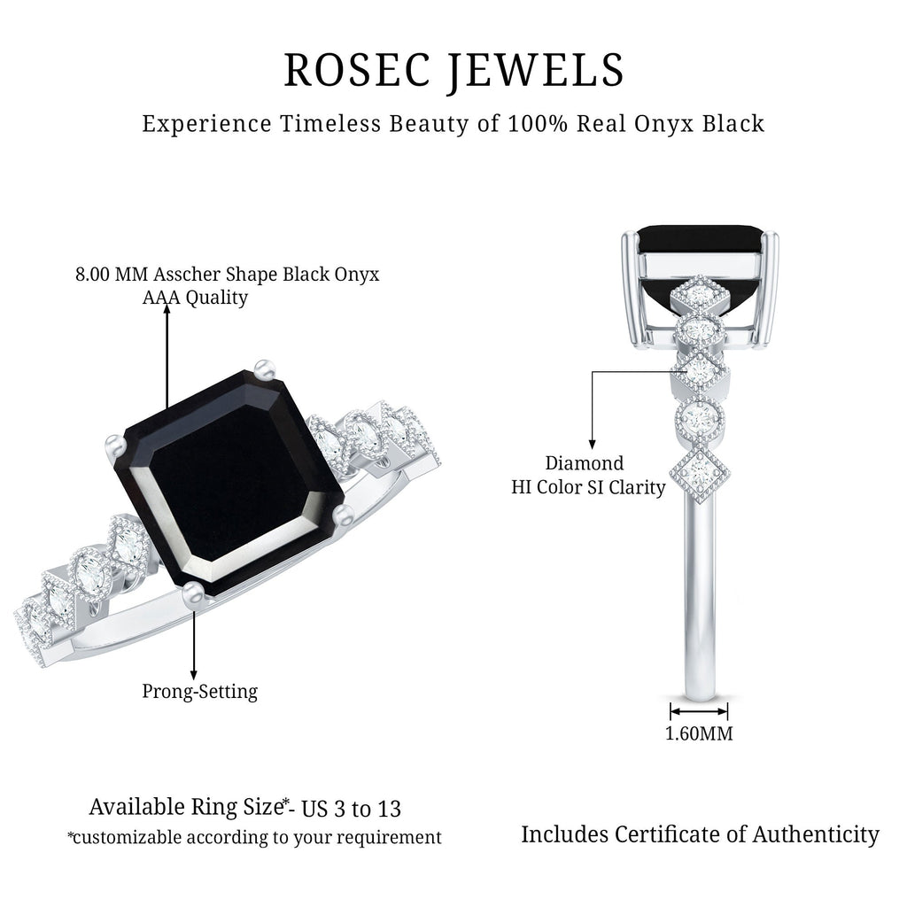 Genuine Black Onyx 3 Carat Asscher Cut Engagement Ring with Diamond