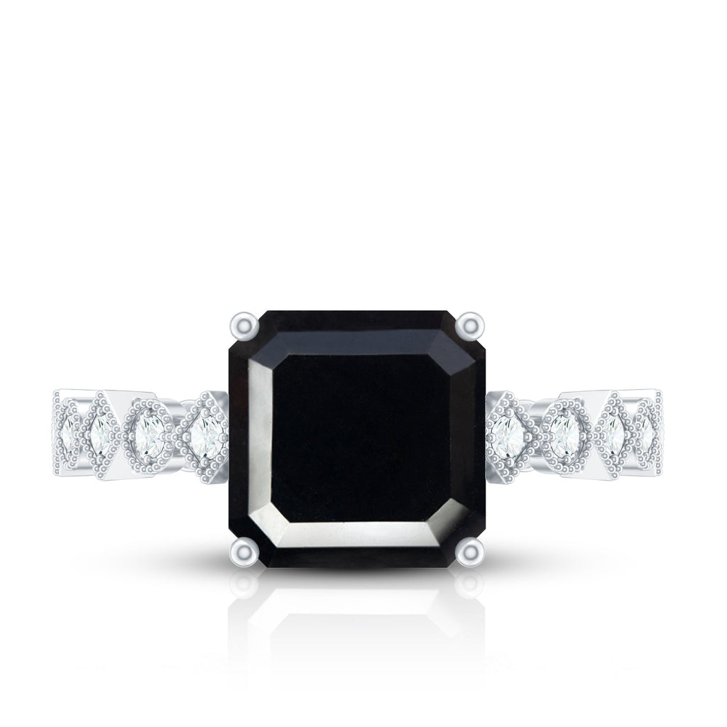 Genuine Black Onyx 3 Carat Asscher Cut Engagement Ring with Diamond