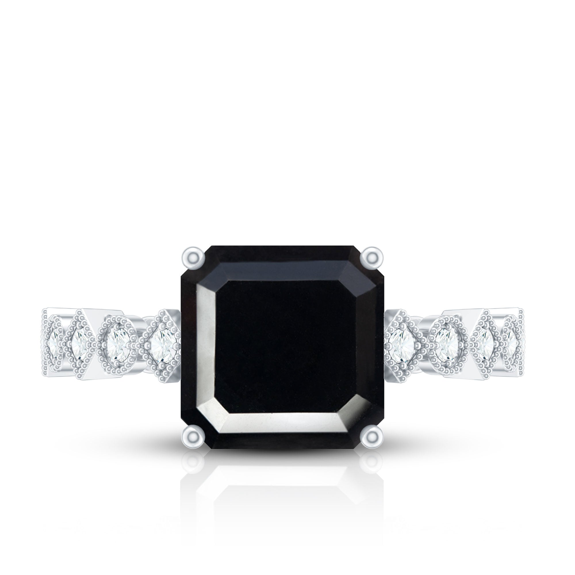 Genuine Black Onyx 3 Carat Asscher Cut Engagement Ring with Diamond