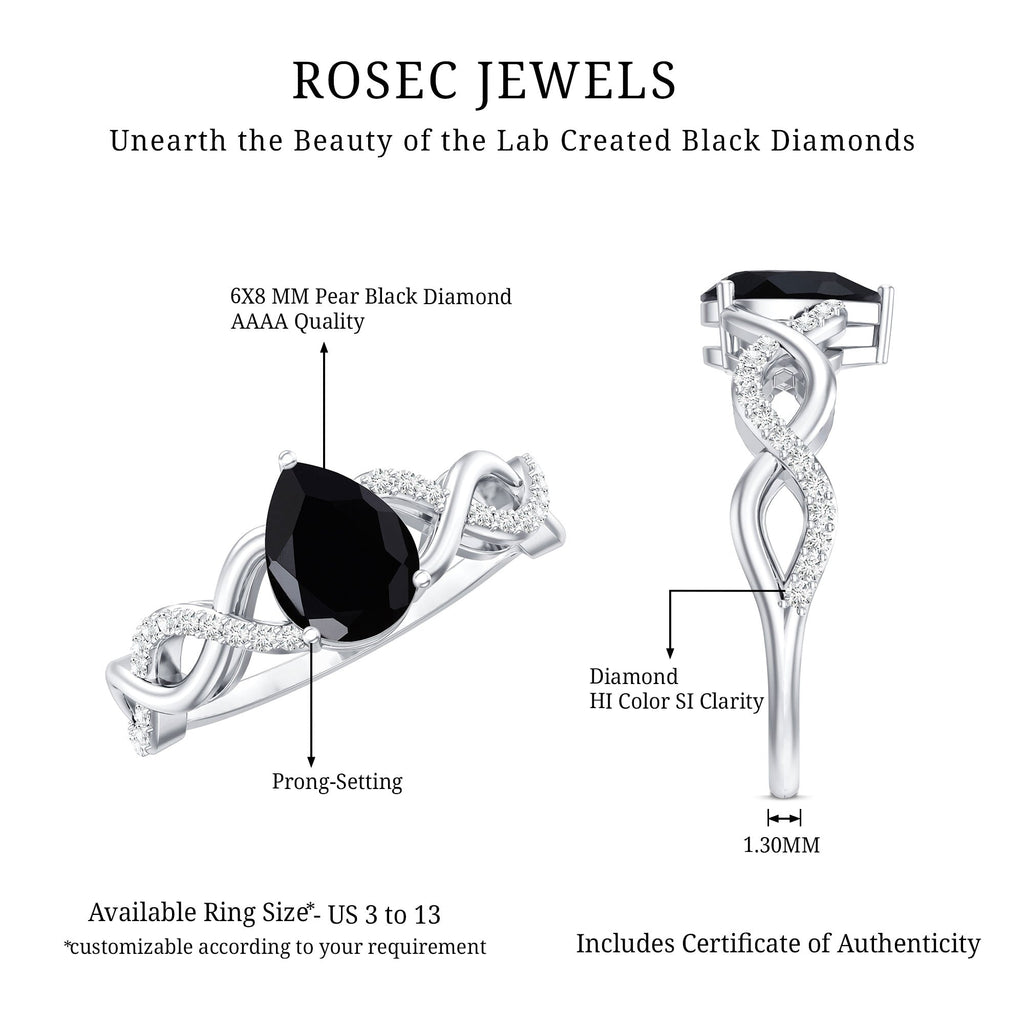 Pear Shape 0.85 Carat Lab Grown Black and White Diamond Engagement Ring with Crossover Shank
