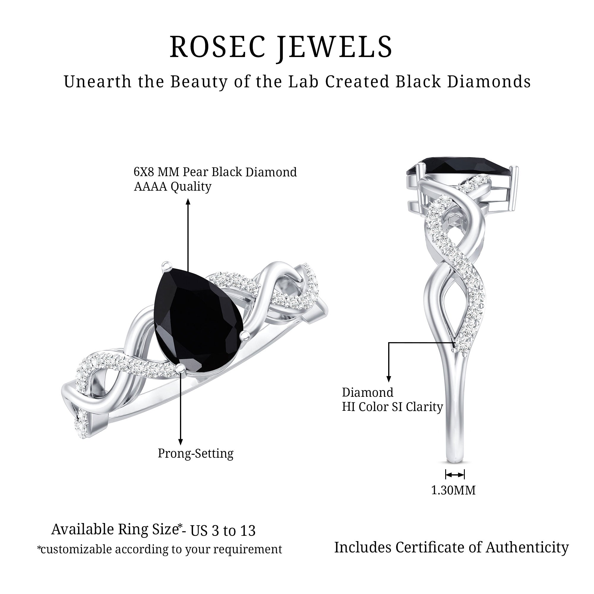 Pear Shape 0.85 Carat Lab Grown Black and White Diamond Engagement Ring with Crossover Shank