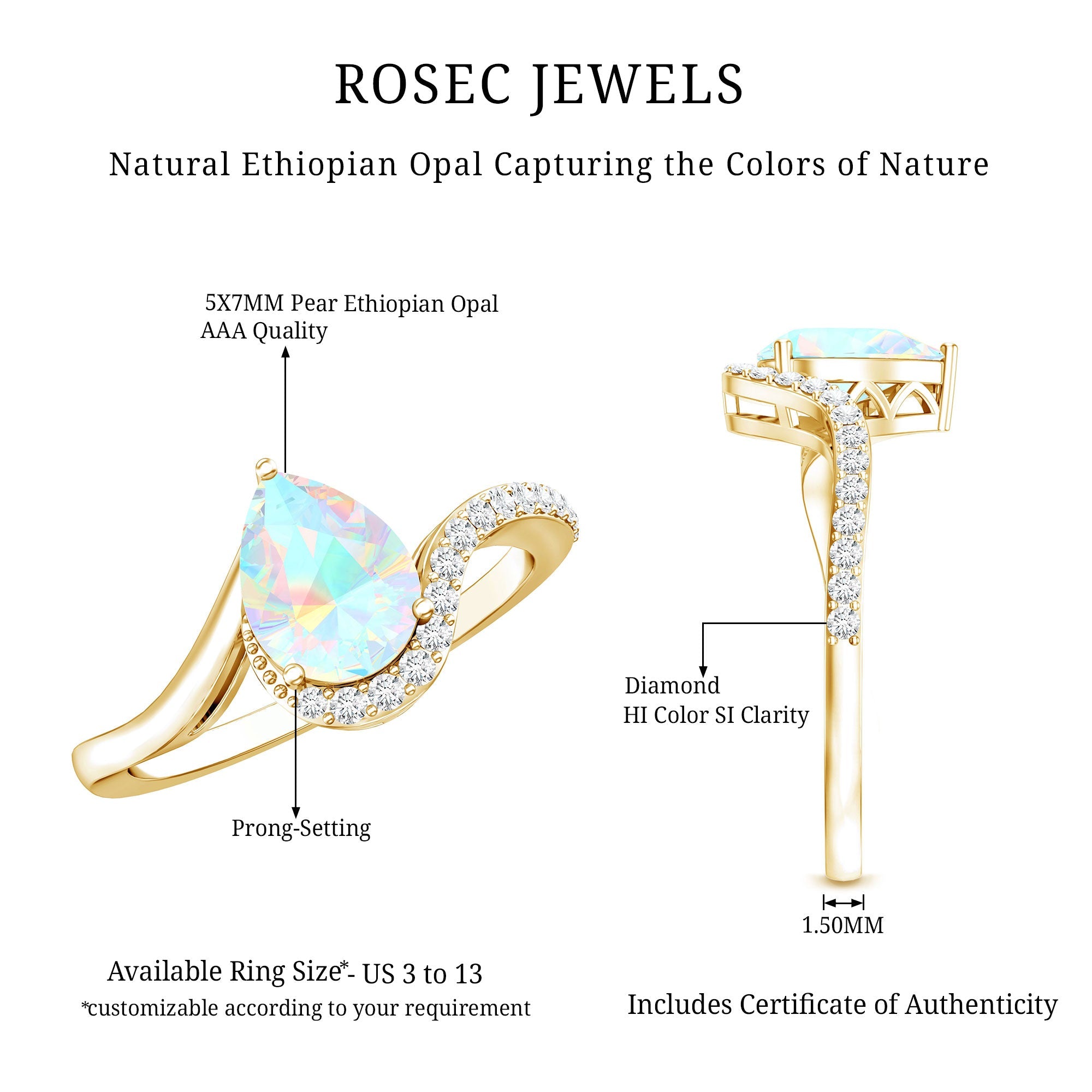 0.7 Carat Pear Cut Ethiopian Opal Engagement Ring with Diamond