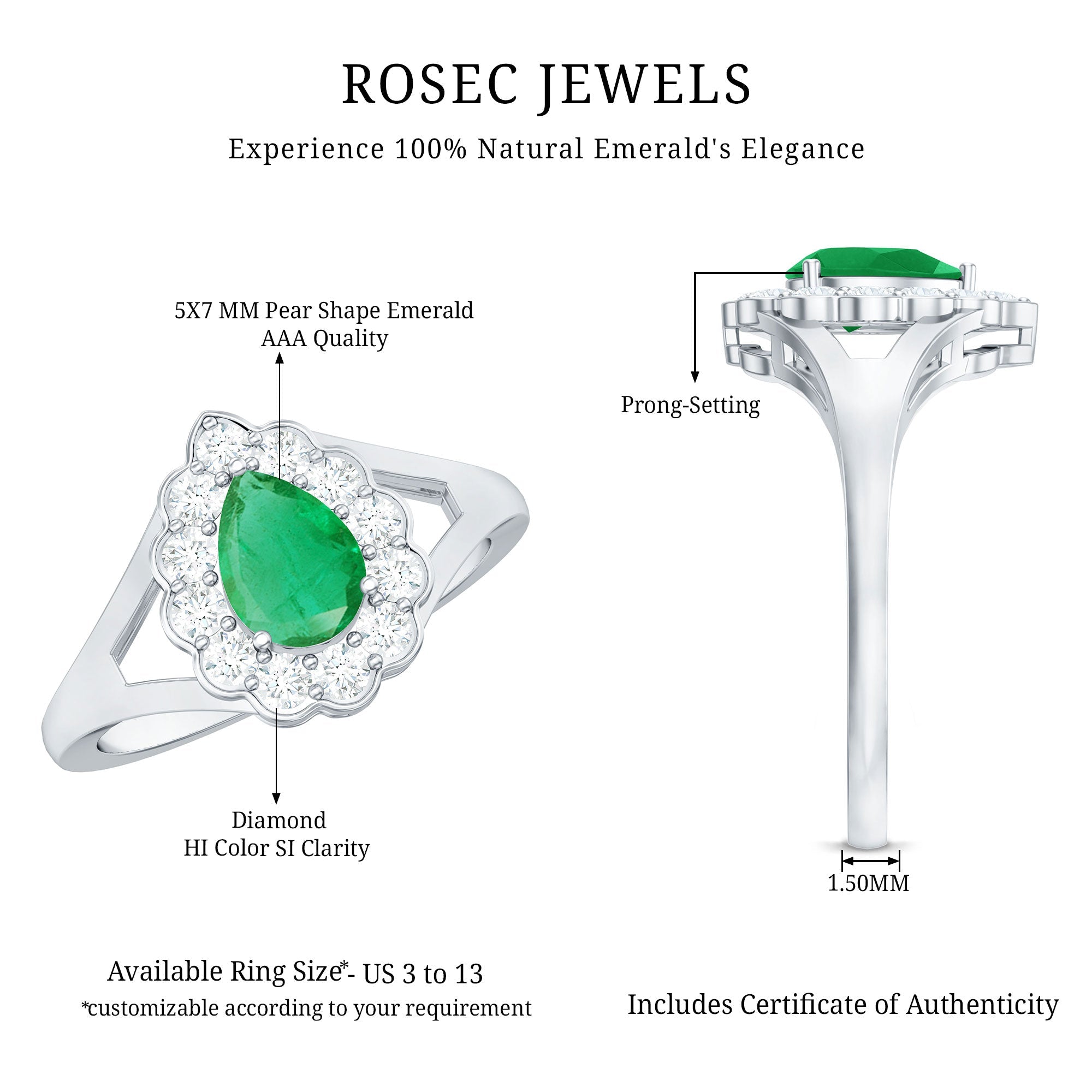 0.6 Carat Pear Cut Emerald Engagement Ring with Diamond Halo