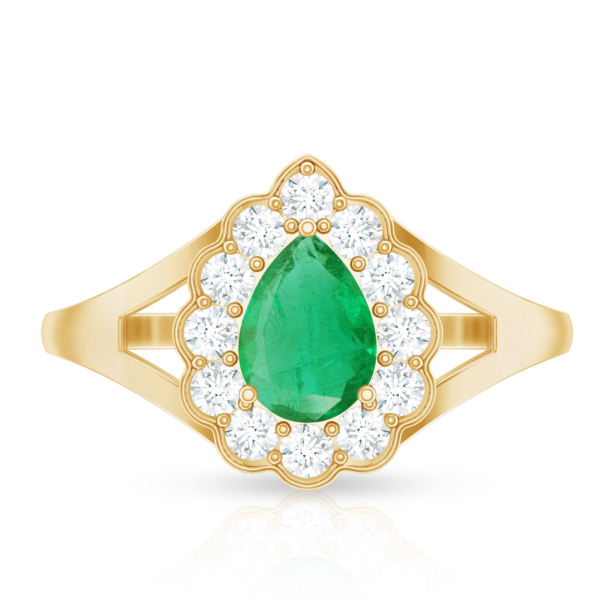 0.6 Carat Pear Cut Emerald Engagement Ring with Diamond Halo
