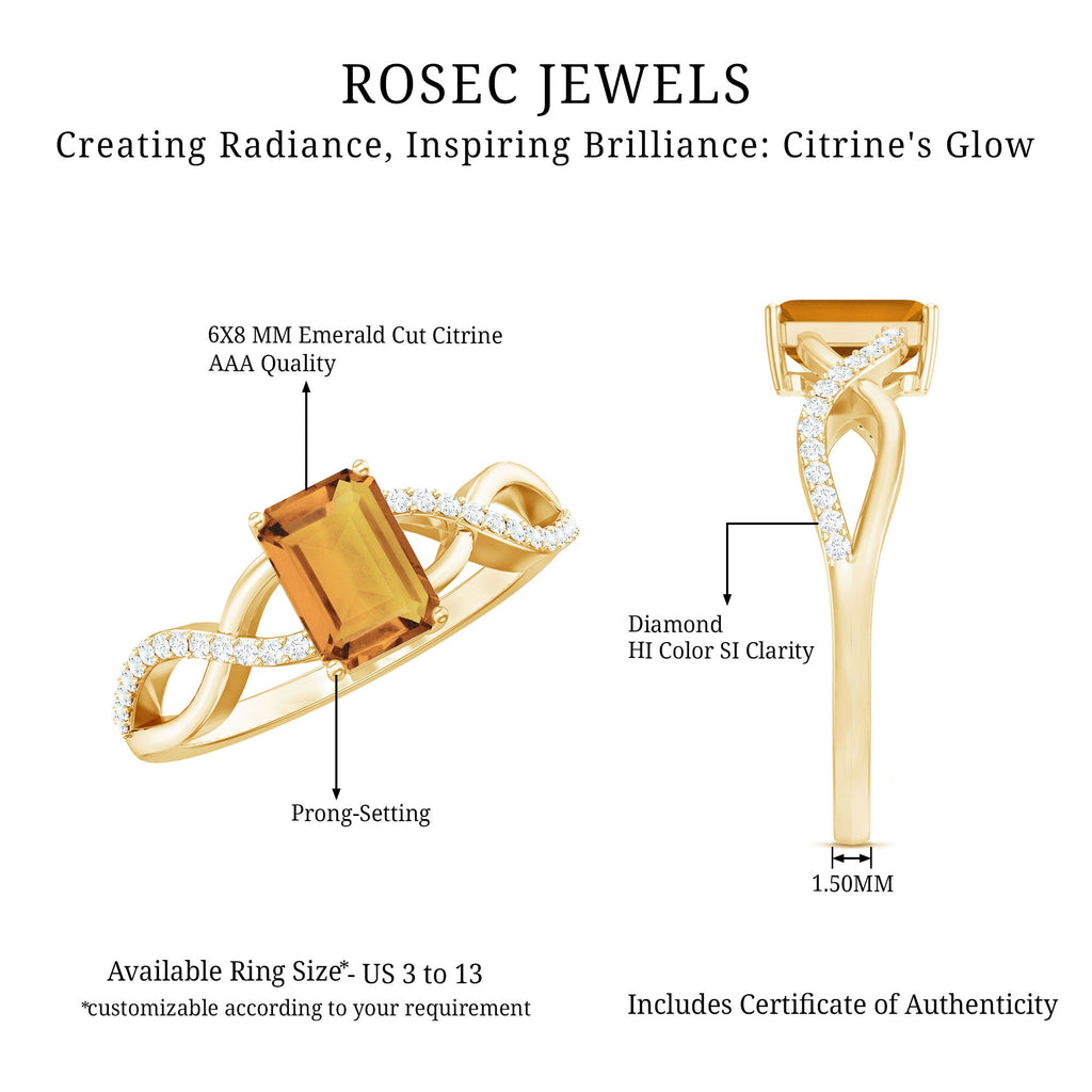 Real 1.8 Carat Citrine Emerald Cut Engagement Ring with Diamond Infinity Shank