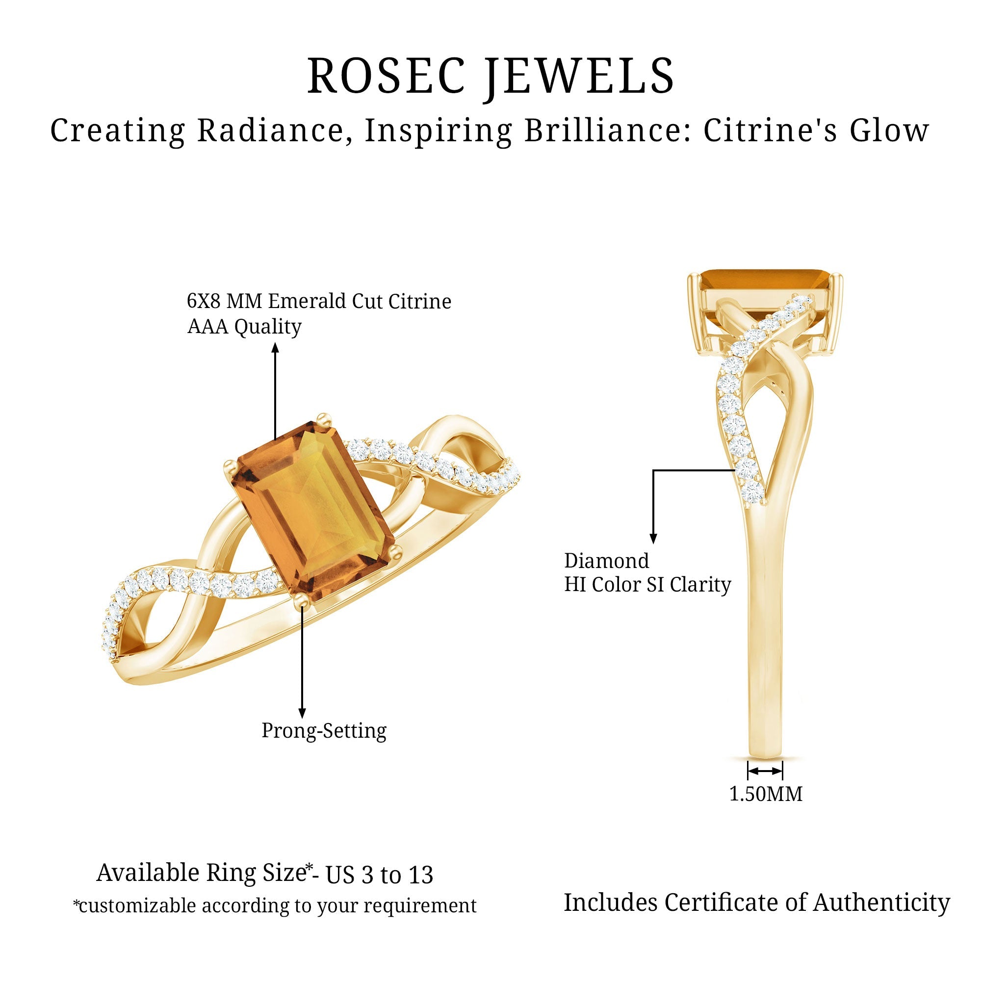 Real 1.8 Carat Citrine Emerald Cut Engagement Ring with Diamond Infinity Shank