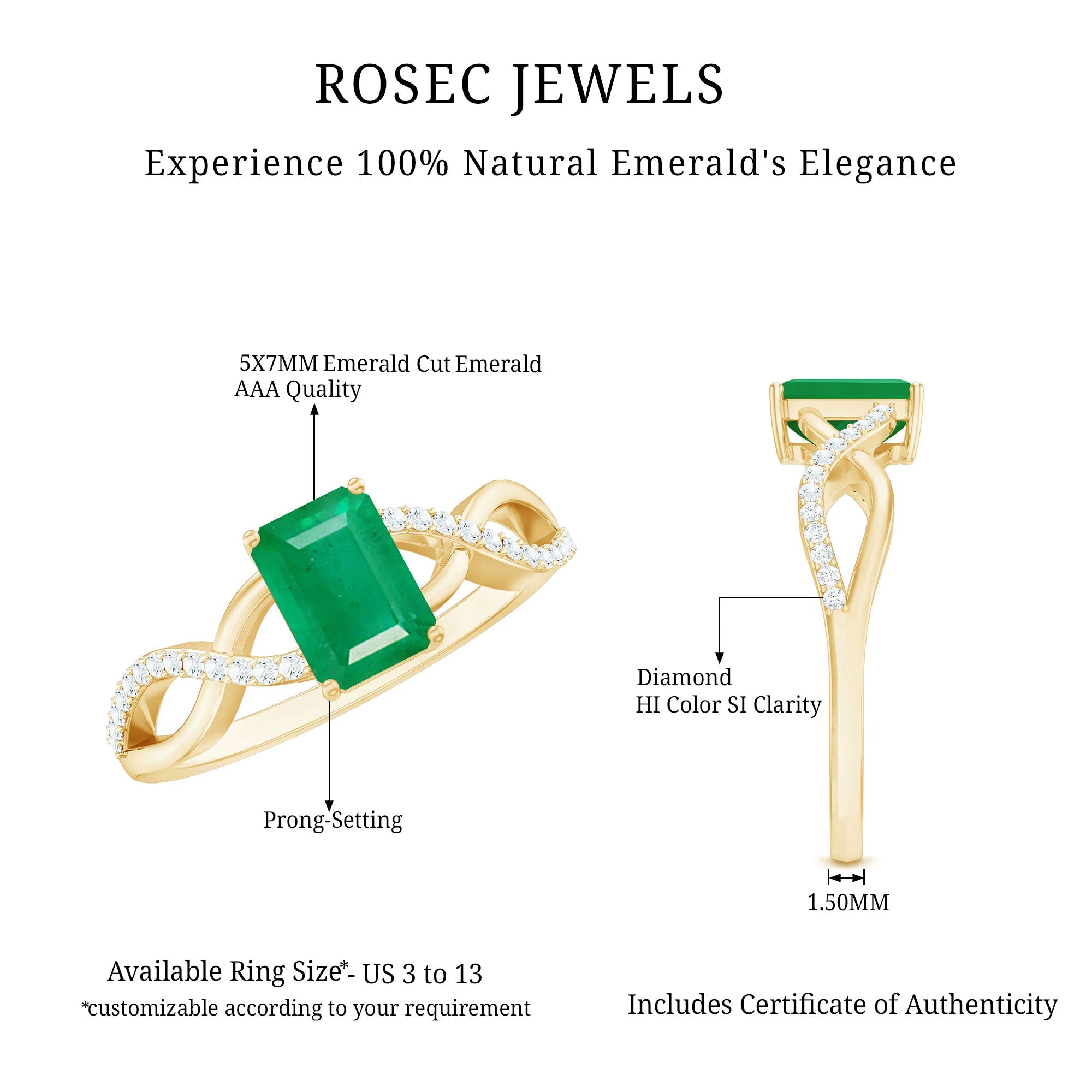 Real Emerald Cut Emerald Engagement Ring with Diamond Twisted Infinity Shank