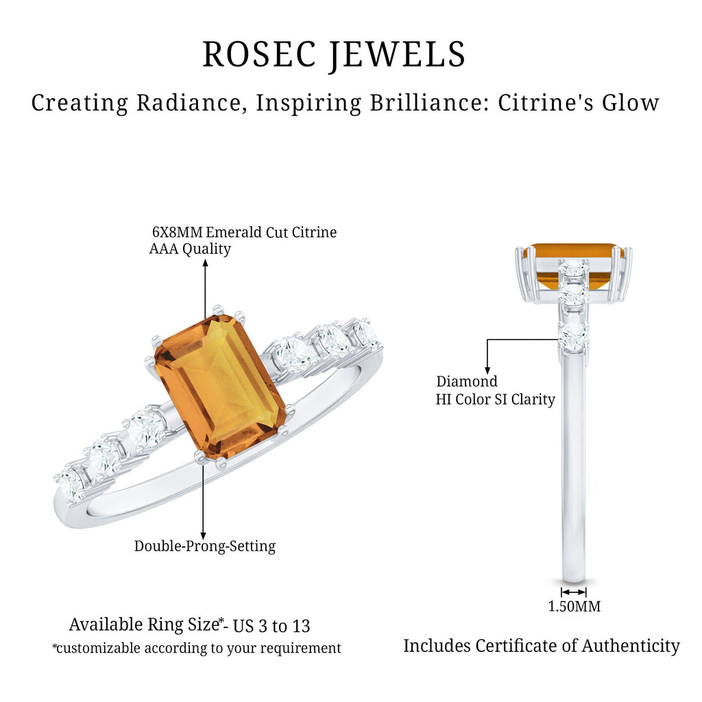 Natural Citrine Emerald Cut Engagement Ring with Diamond