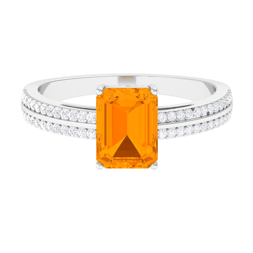1 Carat Emerald Cut Fire Opal and Diamond Side Stone Engagement Ring