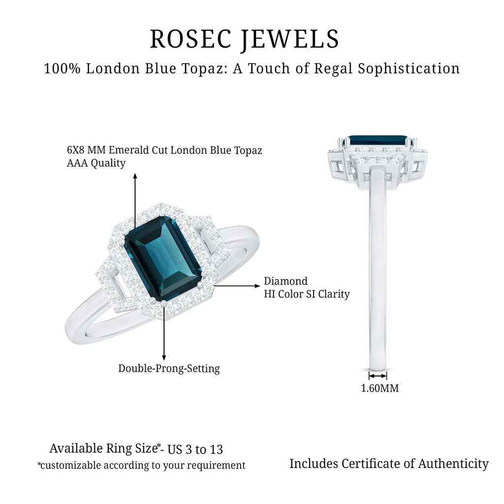 Emerald Cut Blue Topaz and Diamond Halo Engagement Ring