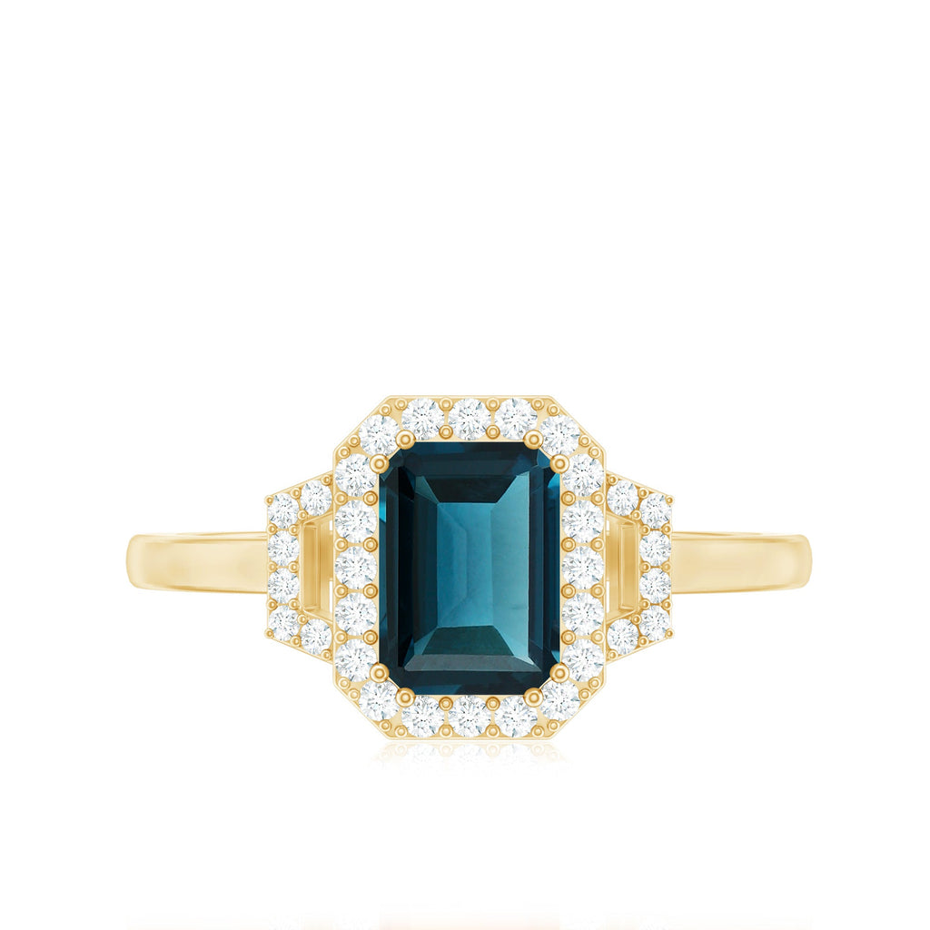 Emerald Cut Blue Topaz and Diamond Halo Engagement Ring