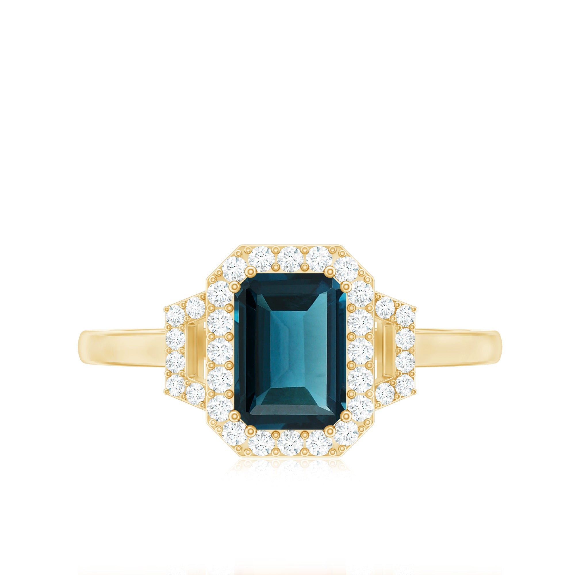 Emerald Cut Blue Topaz and Diamond Halo Engagement Ring